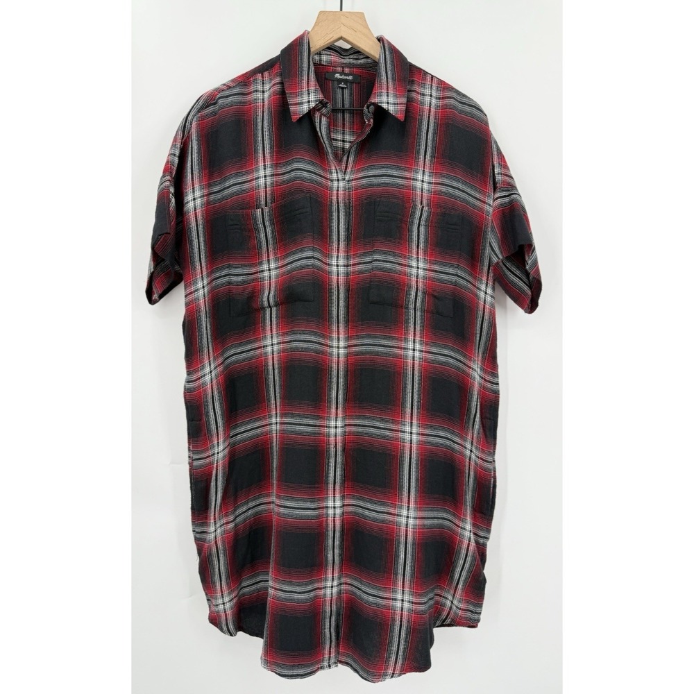 Madewell Dress Medium Red Black Plaid Holiday Fall Western Pockets Lightweight